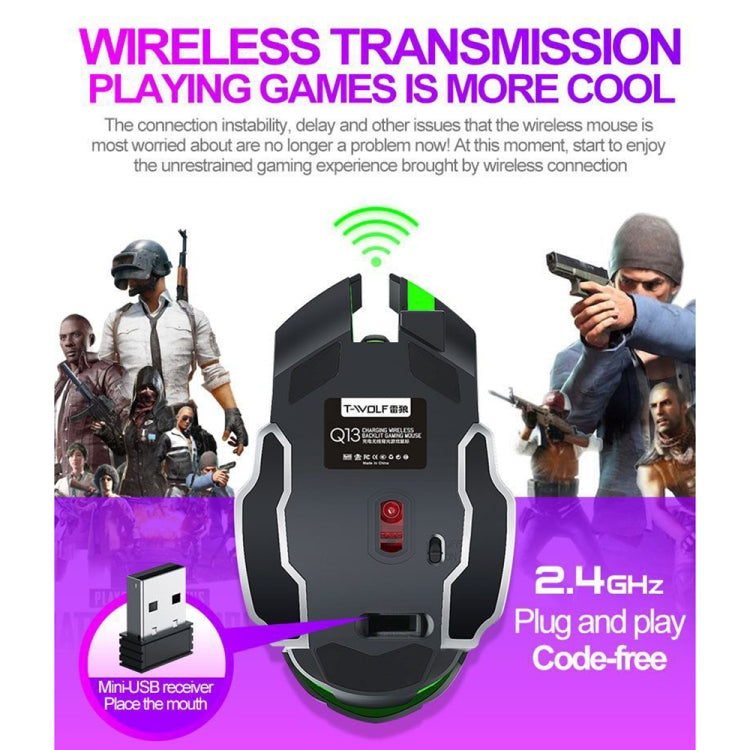 T-WOLF Q13 2.4GHz 6-keys RGB Colorful Light Gaming Wireless Mouse, Color: Single Mode Gray