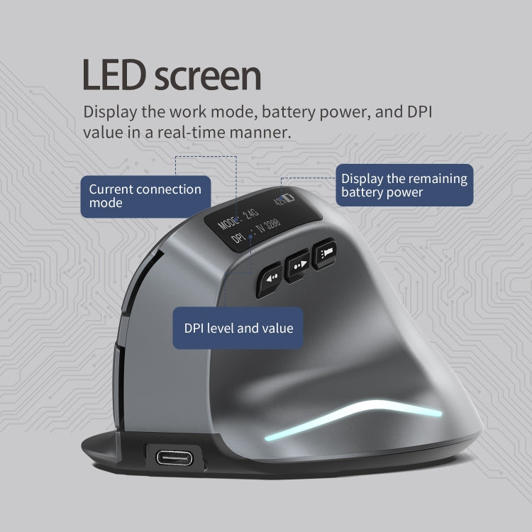 ZELOTES F-26C 8-Keys 2.4G+Bluetooth Dual-Mode LED Display Vertical Grip Wireless Mouse(Gray)