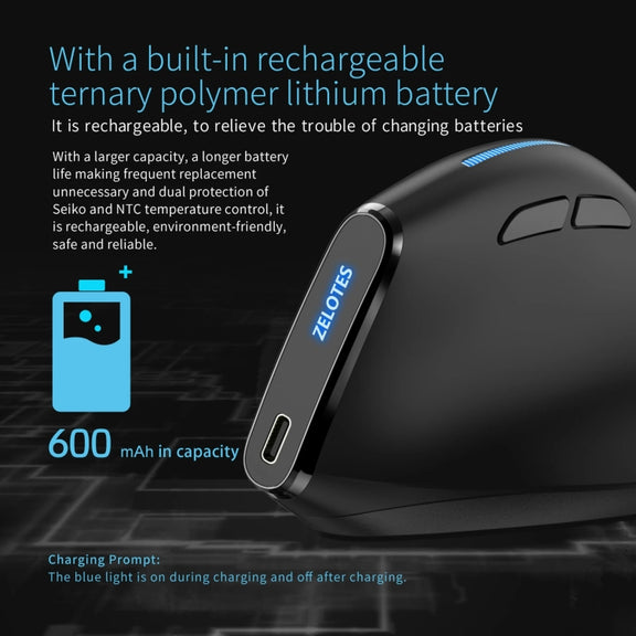 ZELOTES F36A 6-Buttons Vertical Grip Ergonomic Rechargeable Wireless Mouse(Black)