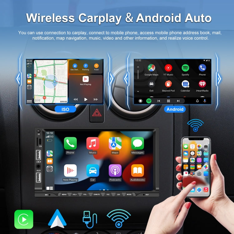 7-inch Double Din Car MP5 Player Support CarPlay/Android Auto/Mirror Link/Bluetooth With 4-light Camera