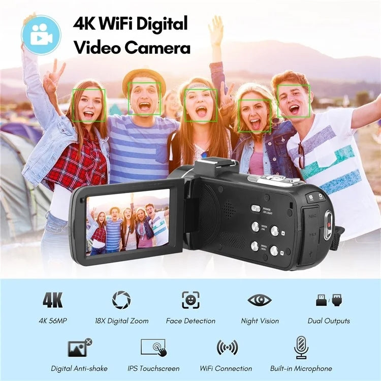 4K  Digital Video Camera 3 Inch IPS Touch Screen 56MP 18X Digital Zoom WiFi Camcorder, Spec: Set 2