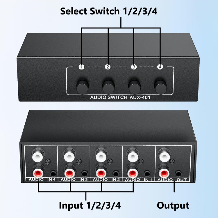 4 In 1 Out  3.5mm + RCA Audio Switcher 4 Channels Audio Converter(Black)