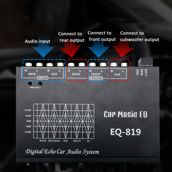EQ-819 Car Audio Equalizer EQ Tuning Crossover Amplifier Supports Dual Microphone Input Reverberation Adjustment