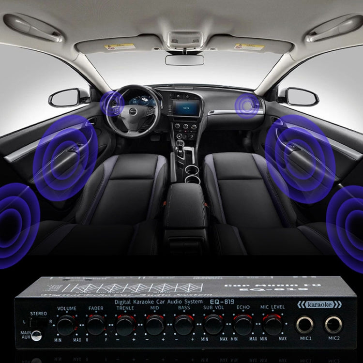 EQ-819 Car Audio Equalizer EQ Tuning Crossover Amplifier Supports Dual Microphone Input Reverberation Adjustment