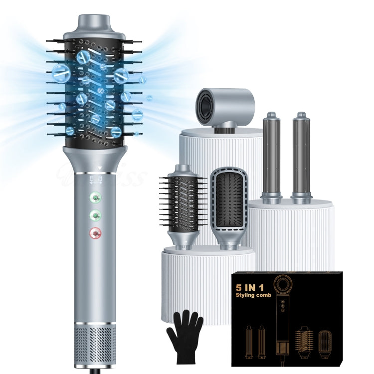 5 in 1 Hot Air Comb Automatic Curling Negative Ion Hair Dryer, Color: Gray EU Plug
