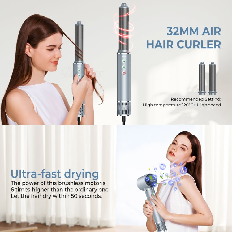 5 in 1 Hot Air Comb Automatic Curling Negative Ion Hair Dryer, Color: Gray EU Plug
