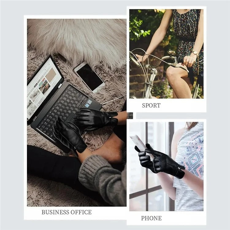 Women Sheepskin Wool Fleece Lined Windproof Warm Gloves Touchscreen Thick Snow Driving Gloves, Size: M(Black)