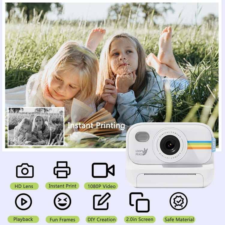 2.0-Inch LED Flash 1080P HD Recording Photo Printing Camera With 3-Rolls Paper, Color: White+32G