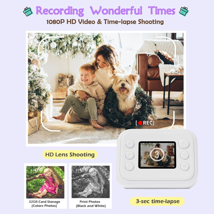 2.0-Inch LED Flash 1080P HD Recording Photo Printing Camera With 3-Rolls Paper, Color: White