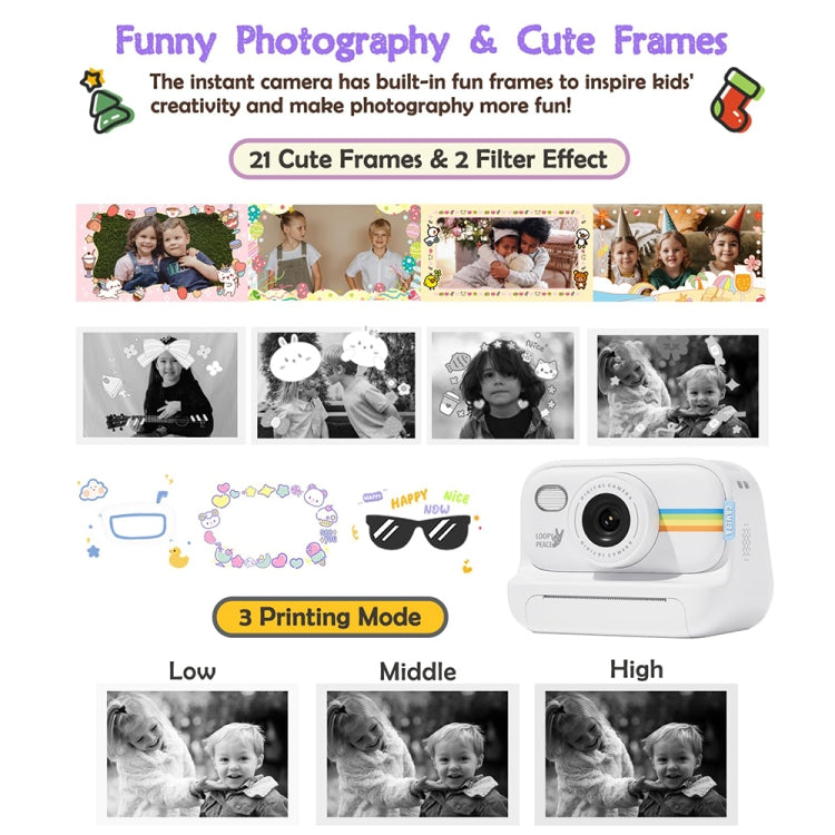 2.0-Inch LED Flash 1080P HD Recording Photo Printing Camera With 3-Rolls Paper, Color: White+32G