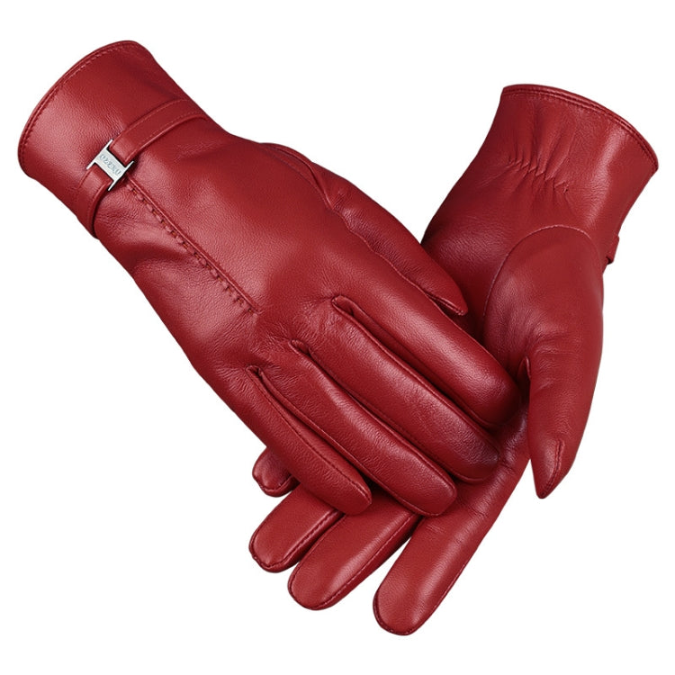 OZERO Women Sheepskin Warm Gloves with Fleece Lining Split Finger Elasticated Gloves, Size: M(Red)
