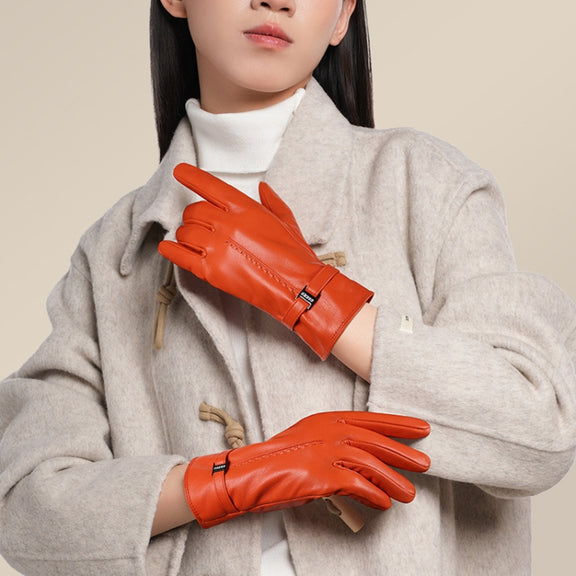 OZERO Women Sheepskin Warm Gloves with Fleece Lining Split Finger Elasticated Gloves, Size: L(Orange Red)