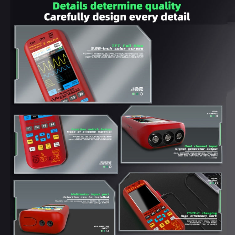 BSIDE O9 Digital Handheld Dual Channel 50MHz Oscilloscope Signal Source Multimeter, Spec: With Single Oscilloscope Probe (Red)