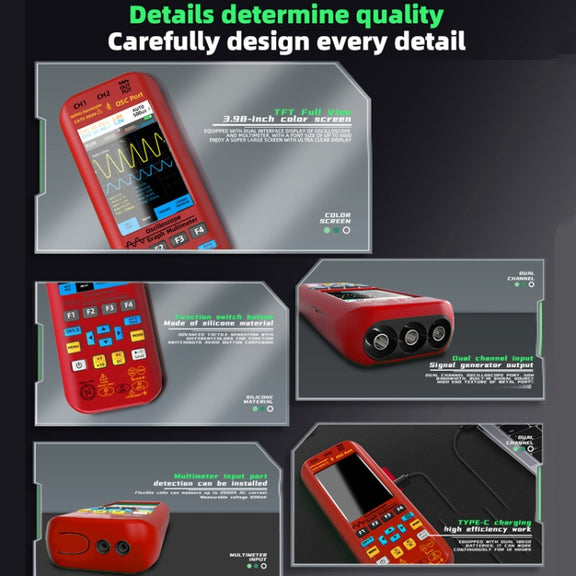 BSIDE O9 Digital Handheld Dual Channel 50MHz Oscilloscope Signal Source Multimeter, Spec: With Single Oscilloscope Probe (Red)