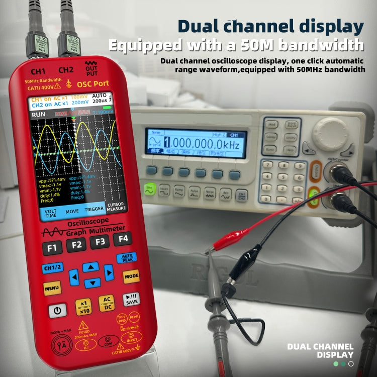 BSIDE O9 Digital Handheld Dual Channel 50MHz Oscilloscope Signal Source Multimeter, Spec: With Single Oscilloscope Probe (Red)