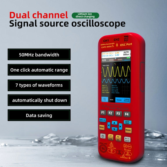 BSIDE O9 Digital Handheld Dual Channel 50MHz Oscilloscope Signal Source Multimeter, Spec: With Single Oscilloscope Probe (Red)