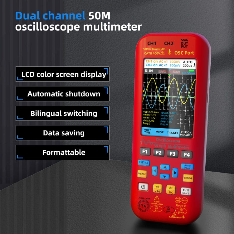 BSIDE O9 Digital Handheld Dual Channel 50MHz Oscilloscope Signal Source Multimeter, Spec: With Single Oscilloscope Probe (Red)