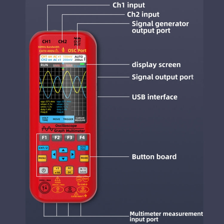 BSIDE O9 Digital Handheld Dual Channel 50MHz Oscilloscope Signal Source Multimeter, Spec: With Single Oscilloscope Probe (Red)
