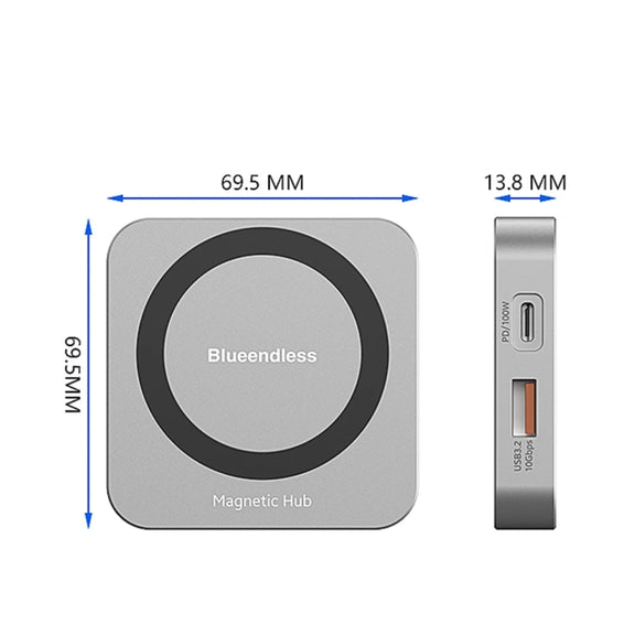 Blueendless 8-In-1 Magnetic HUB With M.2 NVMe/SATA SSD Enclosure (HDMI+PD100W+USB-C/Type-C 3.2+USB-A 3.2+SD+TF+AUX)