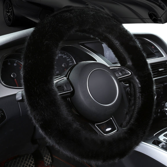 38cm Car Steering Wheel Winter Warm Short Plush Cover(O-type Black)
