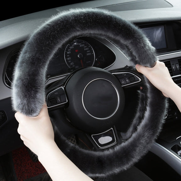 38cm Car Steering Wheel Winter Warm Short Plush Cover(O-type Black)