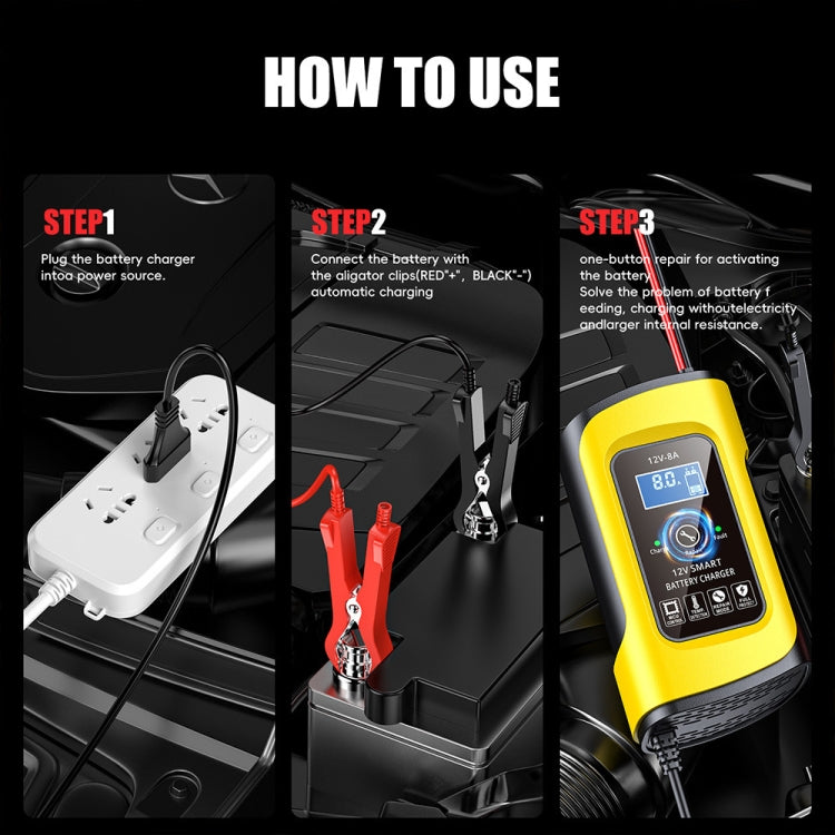 FOXSUR 12V8A SUV Car Motorcycle Intelligent Repair Type Lead-acid Battery Charger(US Plug)