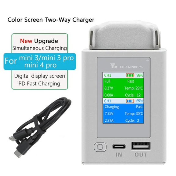 For DJI Mini 4 Pro / Mini 3 Pro / Mini 3 YX Color Screen Dual-way Charger Battery Manager  With 65W US Plug