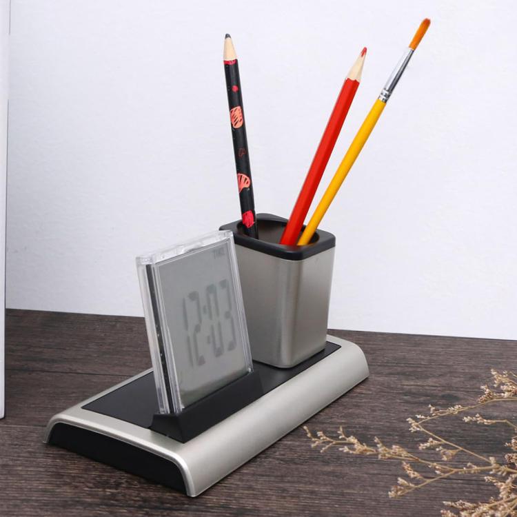 288A Multifunctional Colorful Calendar / Temperature Display LED Alarm Clock With Pen Holder(Silver)