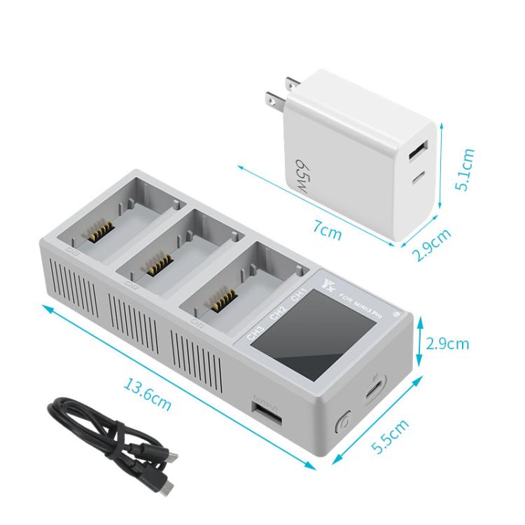 For DJI Mini 4 Pro / Mini 3 Pro / Mini 3 YX Color Screen 3-Way Charger Battery Manager With 65W US Plug