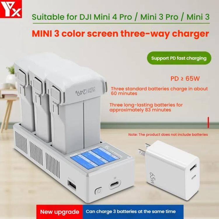 For DJI Mini 4 Pro / Mini 3 Pro / Mini 3 YX Color Screen 3-Way Charger Battery Manager With 65W EU Plug