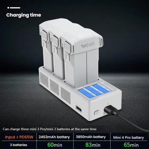 For DJI Mini 4 Pro / Mini 3 Pro / Mini 3 YX Color Screen 3-Way Charger Battery Manager With 65W US Plug
