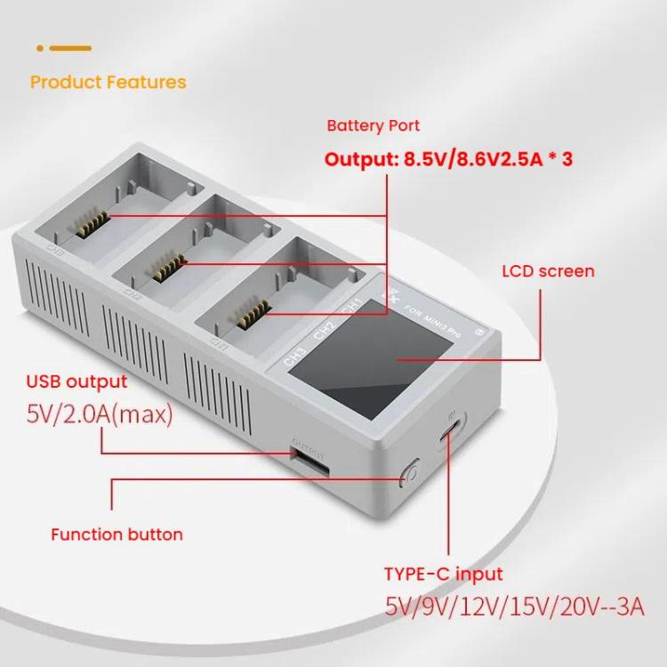 For DJI Mini 4 Pro / Mini 3 Pro / Mini 3 YX Color Screen 3-Way Charger Battery Manager With 65W EU Plug