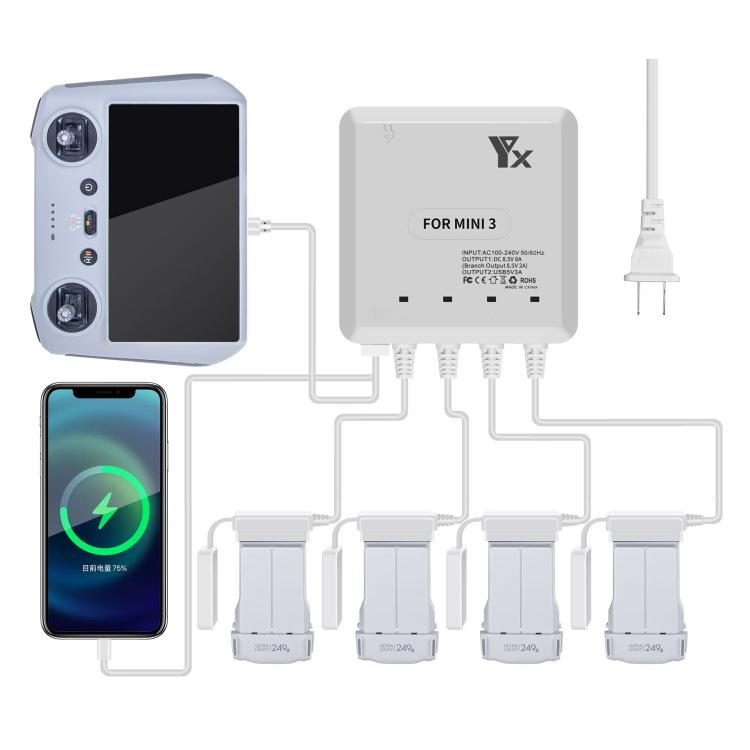 For DJI Mini 4 Pro / Mini 3 Pro / Mini 3 Drone YX 4-way Charger Battery Butler EU Plug