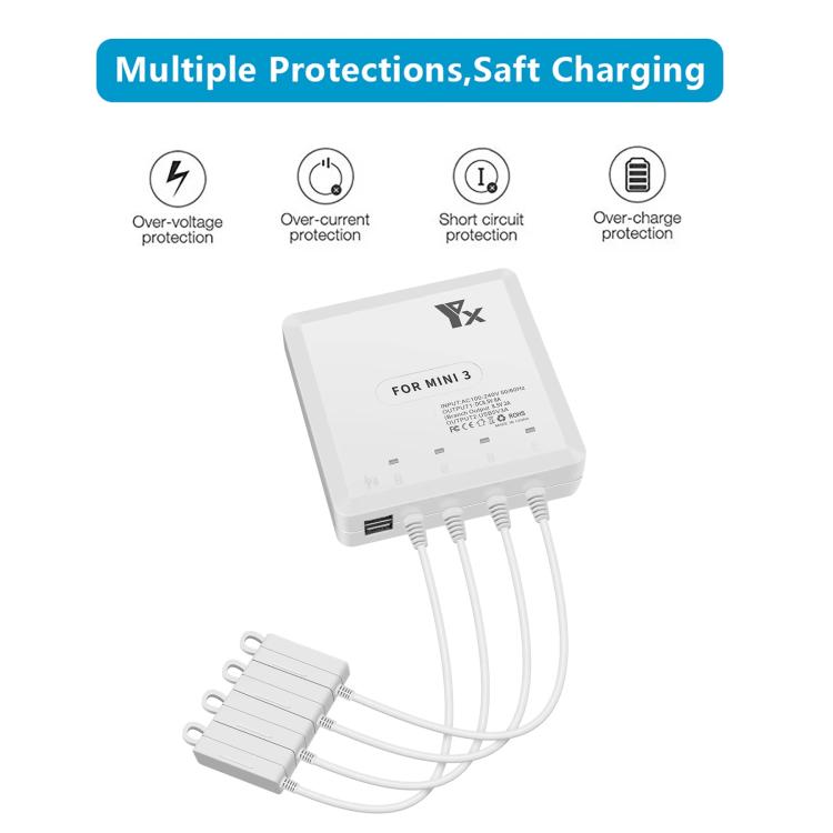 For DJI Mini 4 Pro / Mini 3 Pro / Mini 3 Drone YX 4-way Charger Battery Butler EU Plug