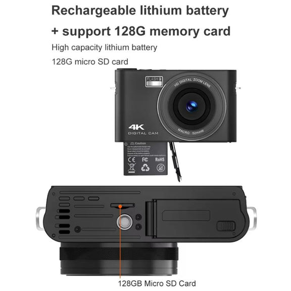 4K HD Touch Screen Digital Micro SLR Camera MP3 DSLR Camcorder 64MP Anti-Shake Vlogging Video Camera(Black)