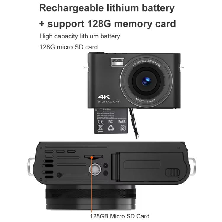 4K HD Touch Screen Digital Micro SLR Camera MP3 DSLR Camcorder 64MP Anti-Shake Vlogging Video Camera(Black)
