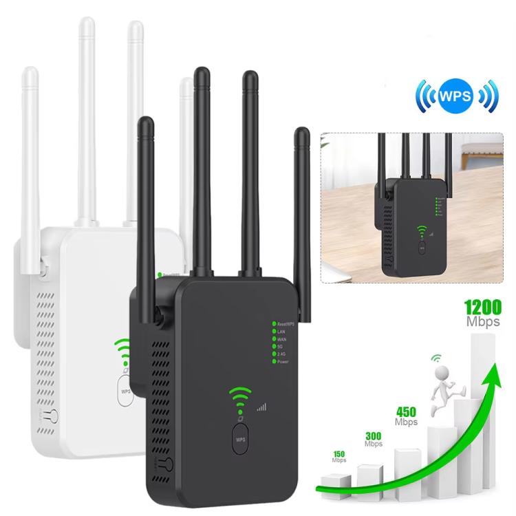 Urant U10 1200Mbps 2.4G & 5.8G Wireless Repeater WiFi Signal Amplifier With 4 Antenna EU Plug Black