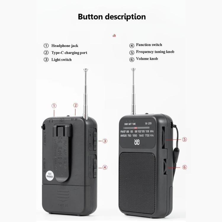 W-209 Mini Portable Rechargeable / Battery Dual-mode Powered Pointer FM Radio with Flashlight(Red)