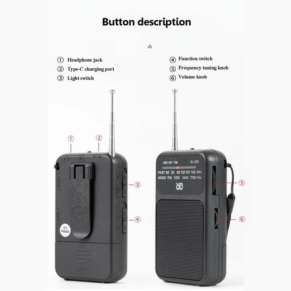 W-209 Mini Portable Rechargeable / Battery Dual-mode Powered Pointer FM Radio with Flashlight(Red)