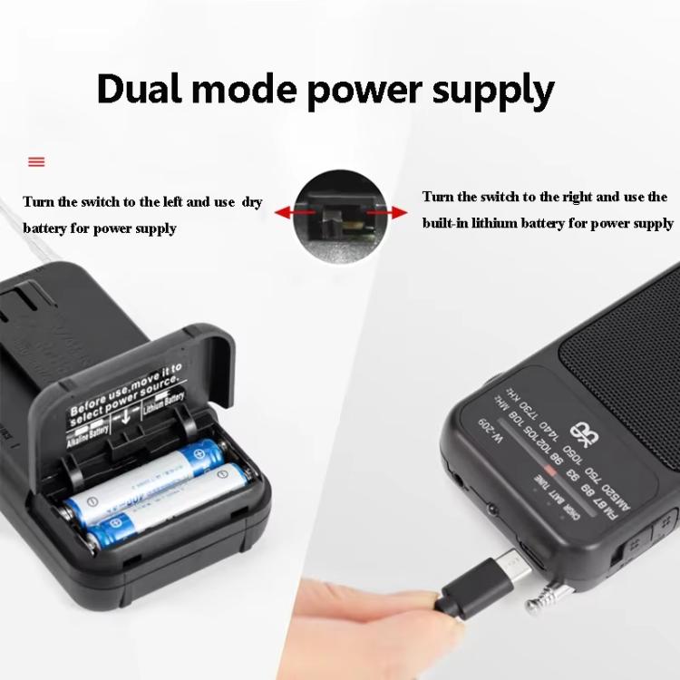W-209 Mini Portable Rechargeable / Battery Dual-mode Powered Pointer FM Radio with Flashlight(Red)