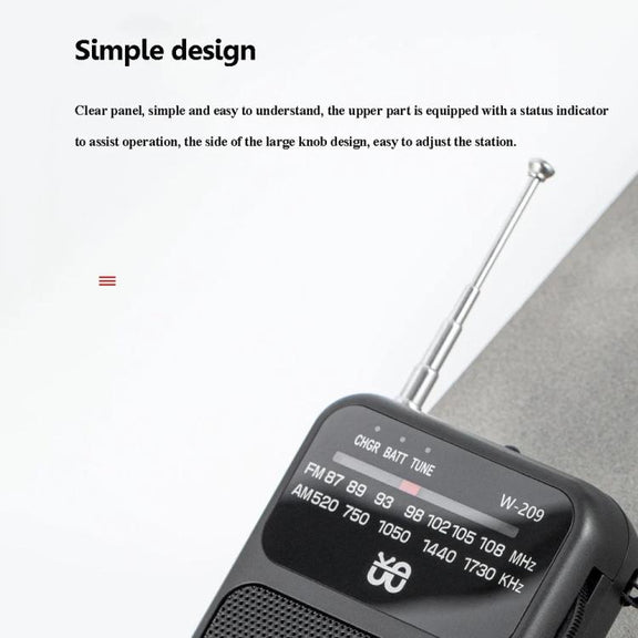 W-209 Mini Portable Rechargeable / Battery Dual-mode Powered Pointer FM Radio with Flashlight(Red)