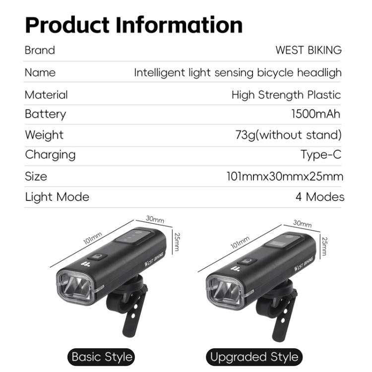 WEST BIKING Bicycle Water-resistant TYPE-C Rechargeable High-Brightness Headlight, Style: Digital Battery Display