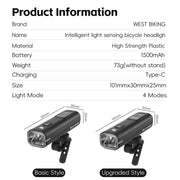 WEST BIKING Bicycle Water-resistant TYPE-C Rechargeable High-Brightness Headlight, Style: Digital Battery Display