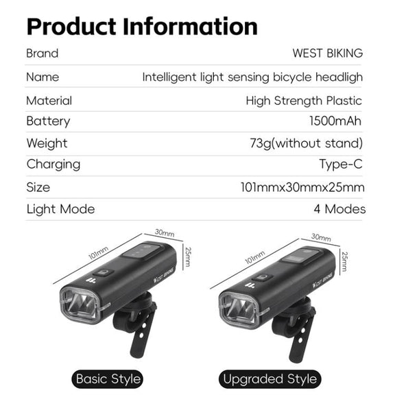 WEST BIKING Bicycle Water-resistant TYPE-C Rechargeable High-Brightness Headlight, Style: Digital Battery Display