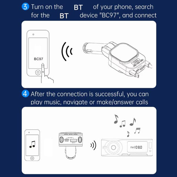BC97 Dual Retractable Cable Car Charger Automobile Bluetooth MP3 Player