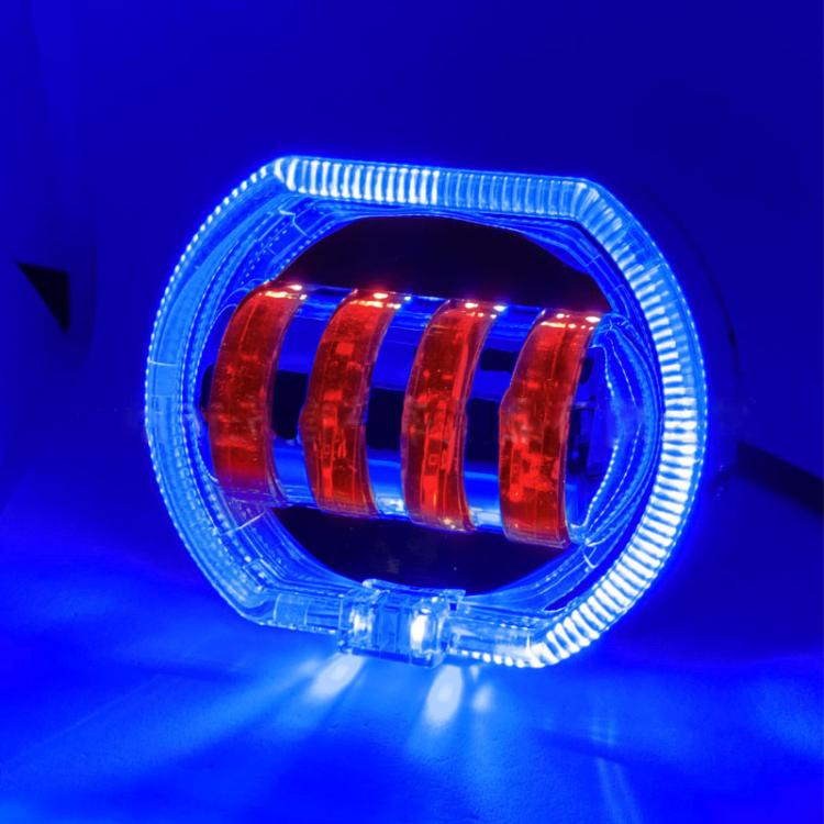 Motorcycle Electric Vehicle General Modification LED Headlight 4 Beads Double Lens Lamps, Style: Blue Aperture+Red Devil Eye