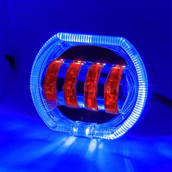 Motorcycle Electric Vehicle General Modification LED Headlight 4 Beads Double Lens Lamps, Style: Blue Aperture+Red Devil Eye