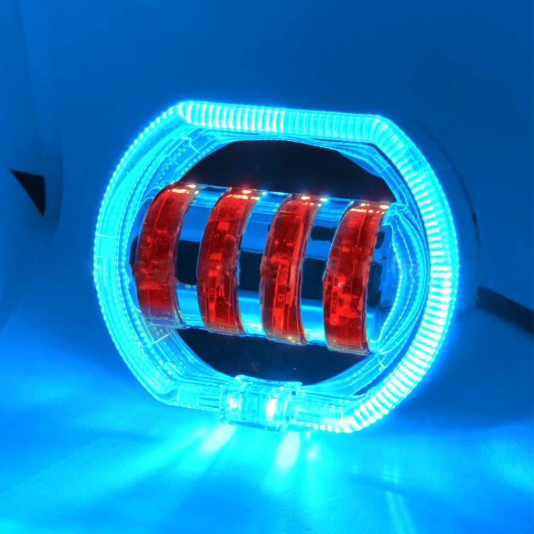 Motorcycle Electric Vehicle General Modification LED Headlight 4 Beads Double Lens Lamps, Style: Ice Blue Aperture+Red Devil Eye