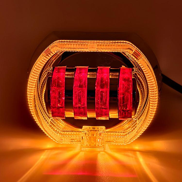 Motorcycle Electric Vehicle General Modification LED Headlight 4 Beads Double Lens Lamps, Style: Yellow Aperture+Red Devil Eye
