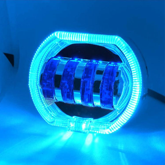 Motorcycle Electric Vehicle General Modification LED Headlight 4 Beads Double Lens Lamps, Style: Ice Blue Aperture+Blue Devil Eye